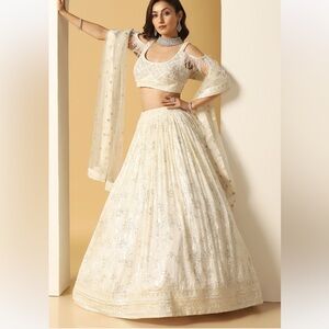 MEENAGURNAM Ivory Lehenga Georgette Embellished Thread Sequin Work